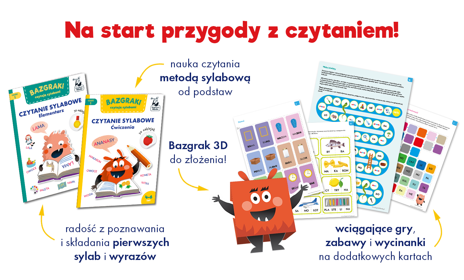 Książki oraz środek z Bazgraki czytają sylabami. Czytanie sylabowe. Teczka edukacyjna